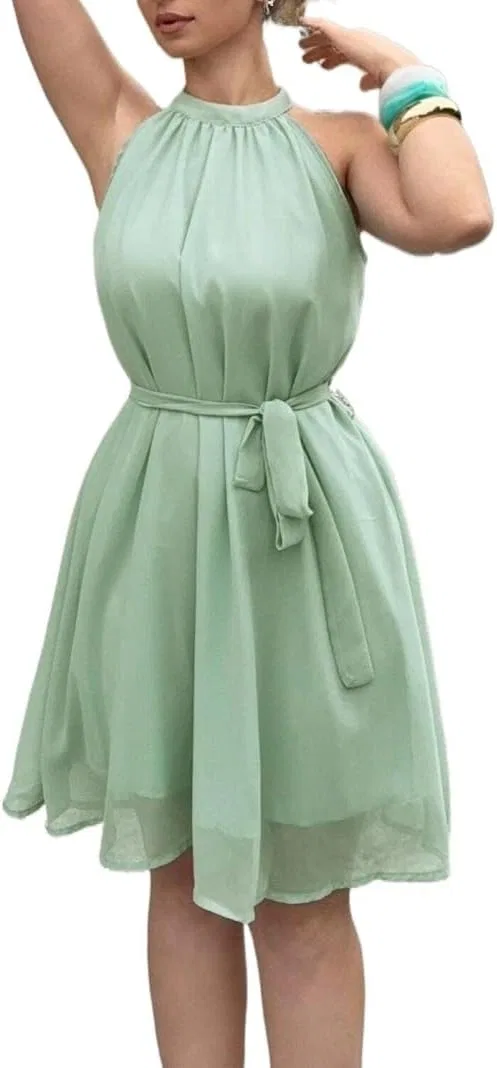 Женское повседневное платье А-силуэта на пуговицах без рукавов, Mint Green