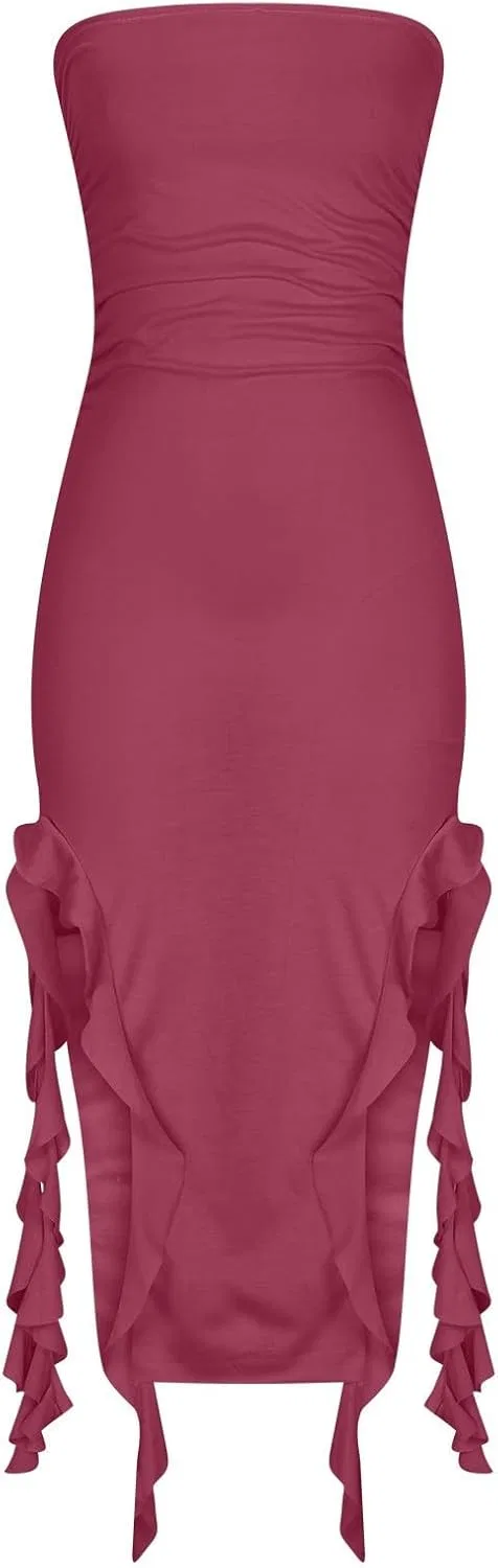 Женское асимметричное миди-платье коктейльное Ruched Bodycon, Wine — фото 3