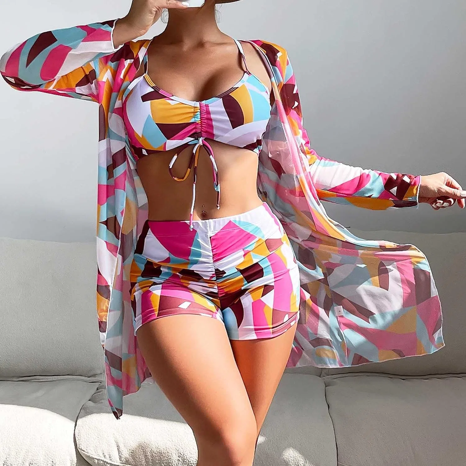 Женский купальный костюм 3 предмета с завязками Hot Pink — фото 2
