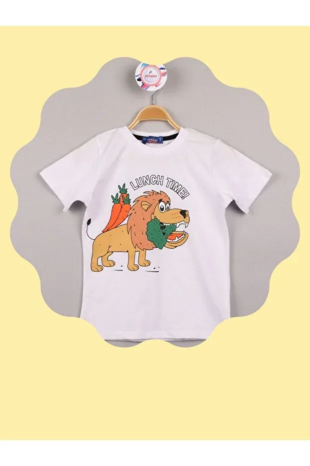 Детская хлопковое футболка с принтом Cotton Vegan Lion Lunch Edoy, White — фото 2