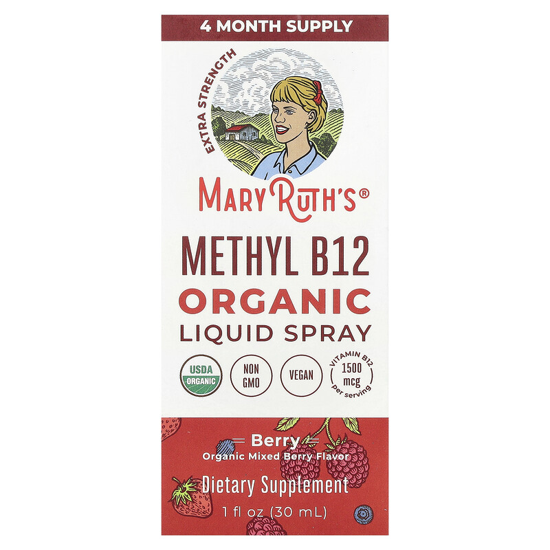 

MaryRuth's, Органический метил B12, жидкий спрей, повышенная сила действия, ягоды, 1500 мкг, 30 мл (1 жидк. Унция)