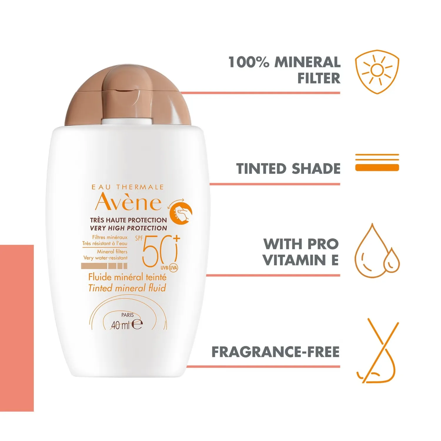 Тонированный минеральный флюид с очень высокой степенью защиты SPF50+ Солнцезащитный крем для непереносимой кожи 40 мл Avene — фото 3