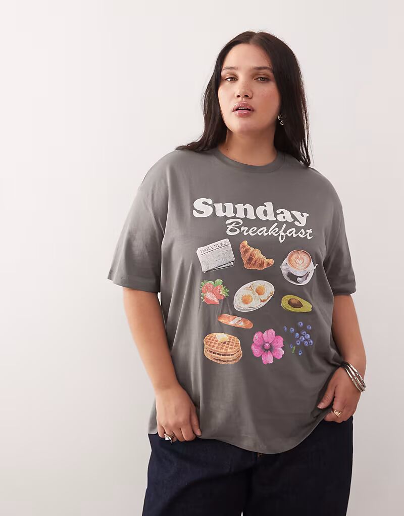 

Футболка свободного кроя Curve серого цвета с принтом завтрака Noisy May Curve, Серый, Футболка свободного кроя Curve серого цвета с принтом завтрака Noisy May Curve