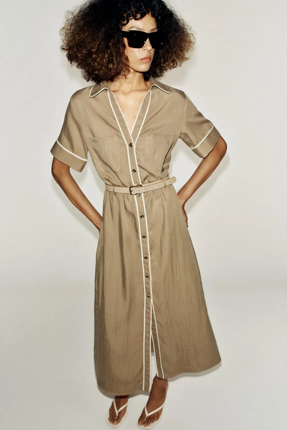 Платье миди с контрастной отделкой и поясом ZARA, Dark camel — фото 4