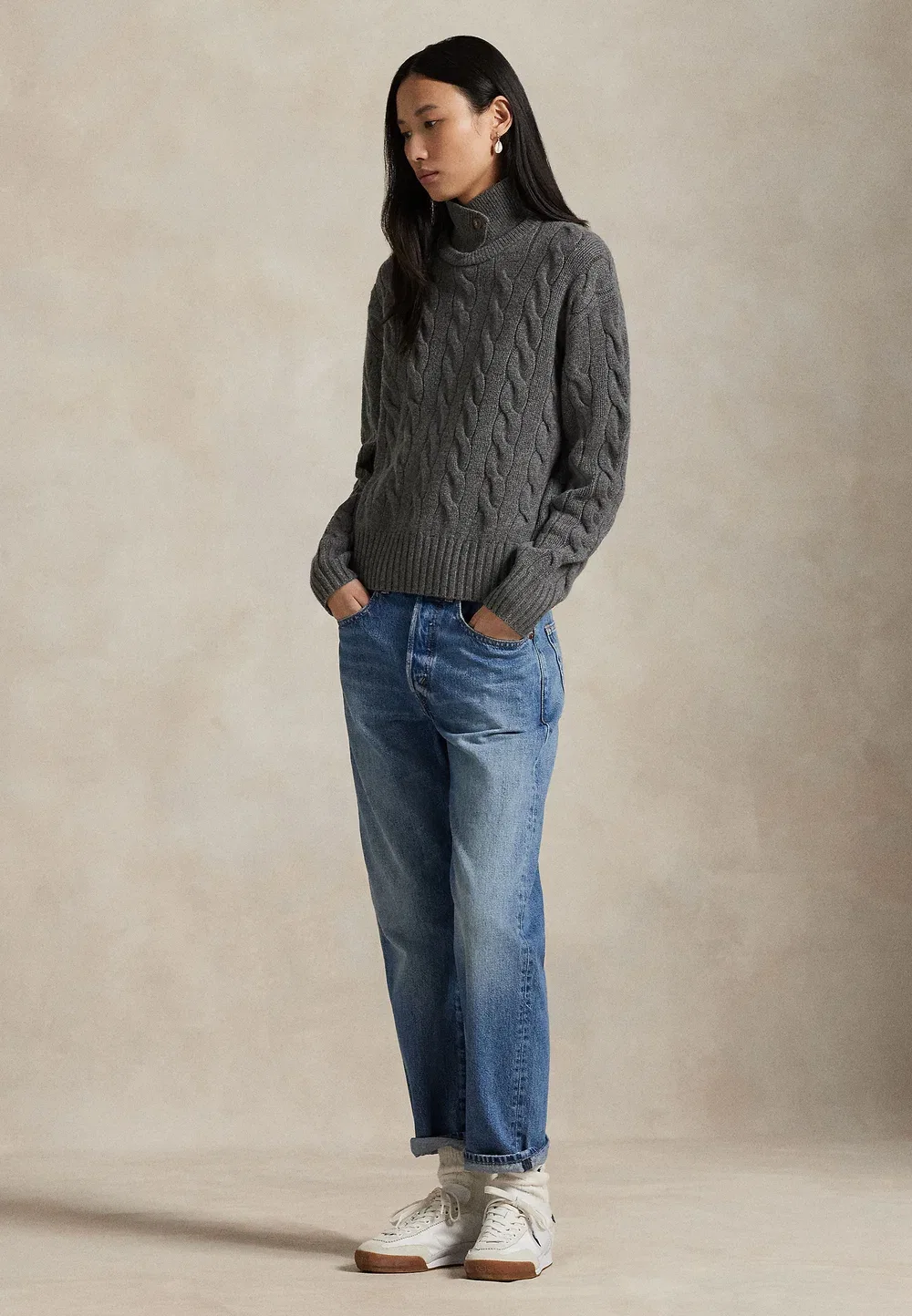 Свитер-Поло из шерсти и кашемира крупной вязки Polo Ralph Lauren, Flannel Grey Heather — фото 2