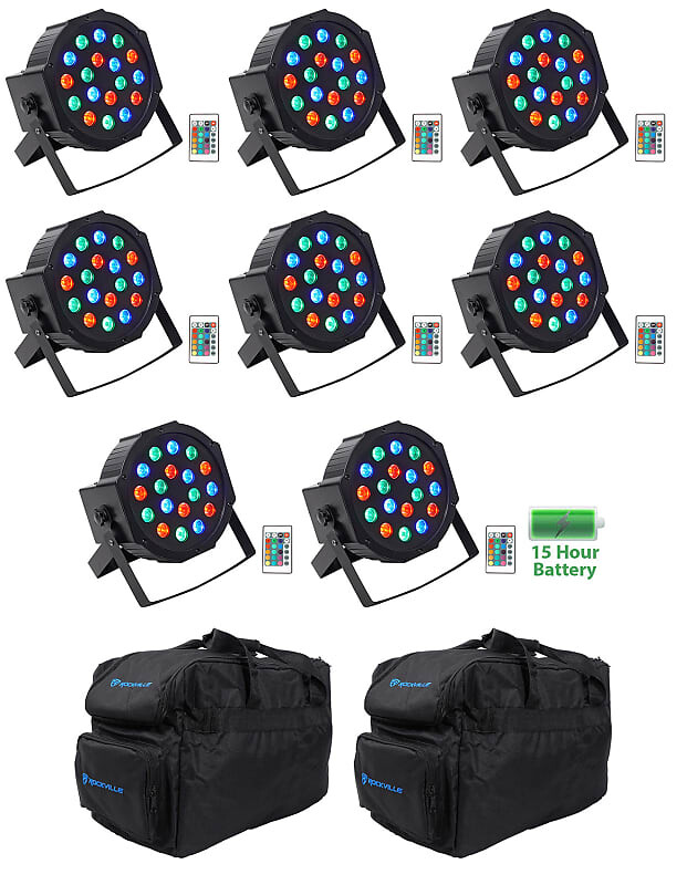 

(8) Rockville BATTERY PAR 50 Аккумуляторные светодиодные прожекторы DMX DJ Wash Up + Пульты + Сумки (8) BATTERY PAR 50+(2) RLB30