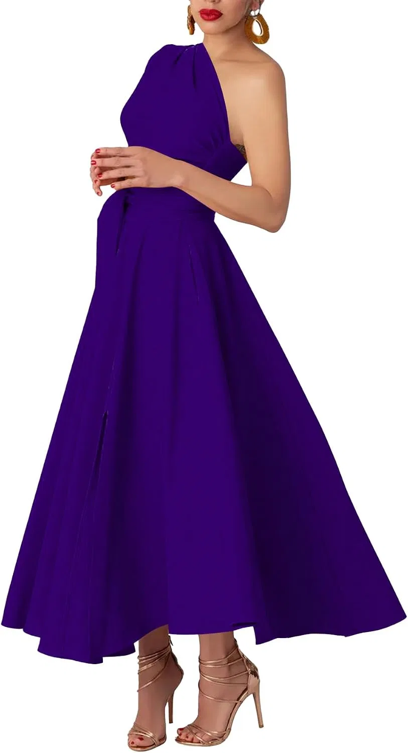 Женское платье с одним плечом асимметричное A-line WEIYIAN, Purple — фото 4