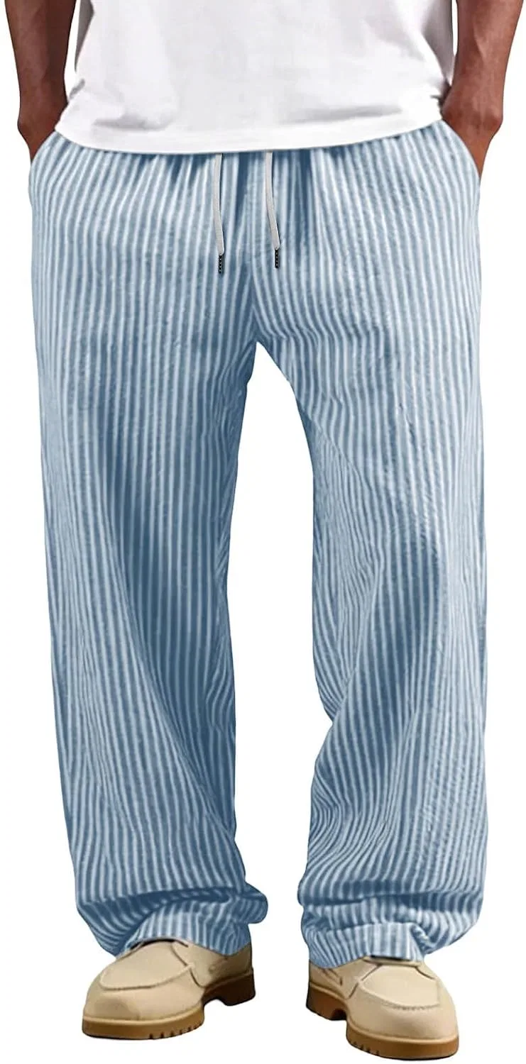 Мужские летние брюки прямого кроя с принтом, Cotton Linen Striped Beach Pants, синий