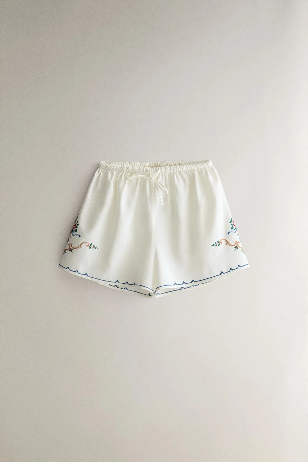 Шорты из хлопка и льна с вышивкой ZARA, White