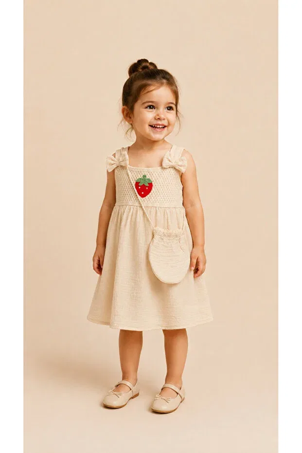 Детское платье для девочек с принтом Strawberry Embroidered Bow Strap Muslin Dress And Bag Set Benbilge, Nude Color