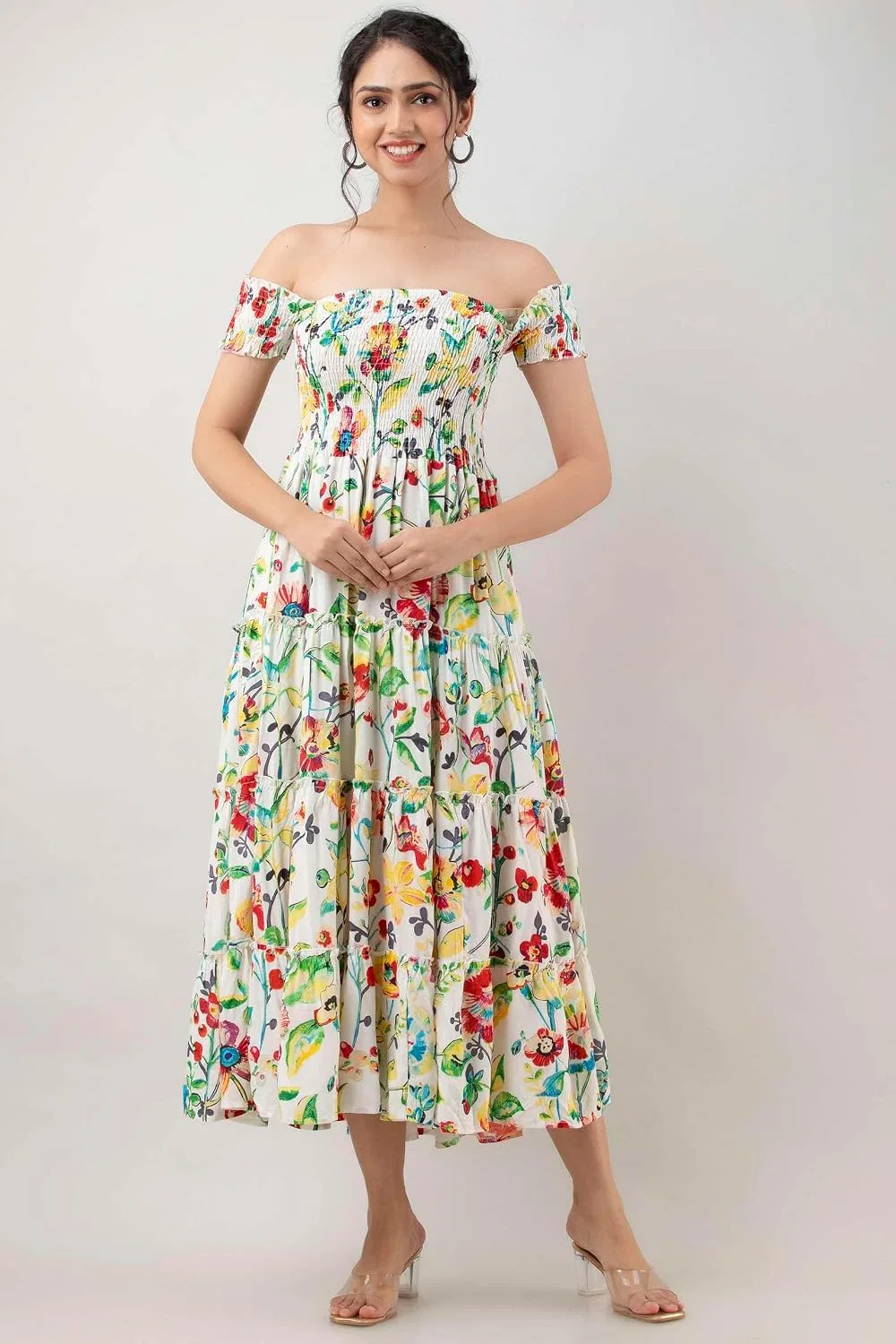 Женское летнее платье миди с цветочным принтом офф-ш shoulder, White Floral — фото 4