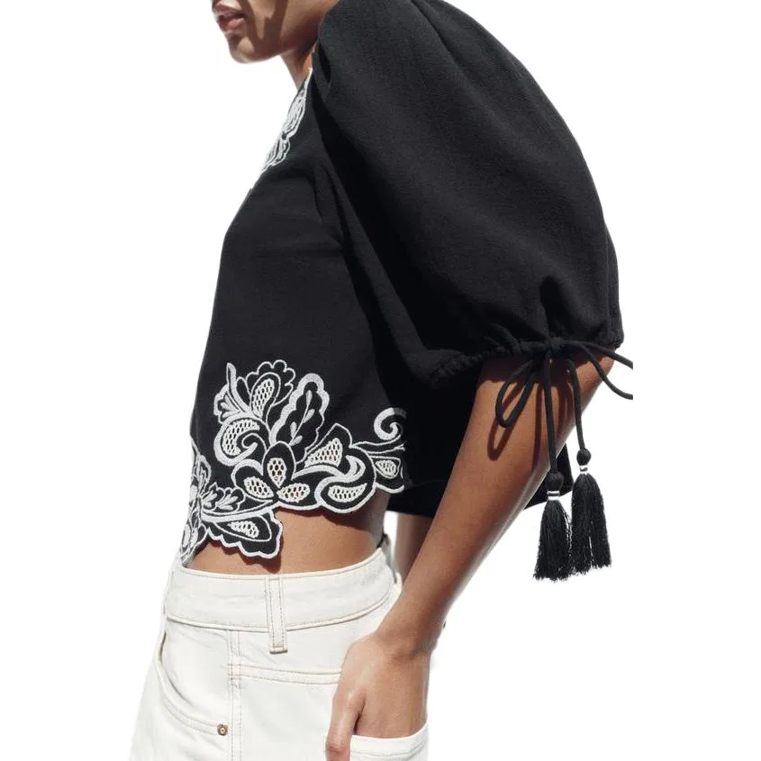 Женская рубашка с круглым вырезом, Black, ZARA — фото 4