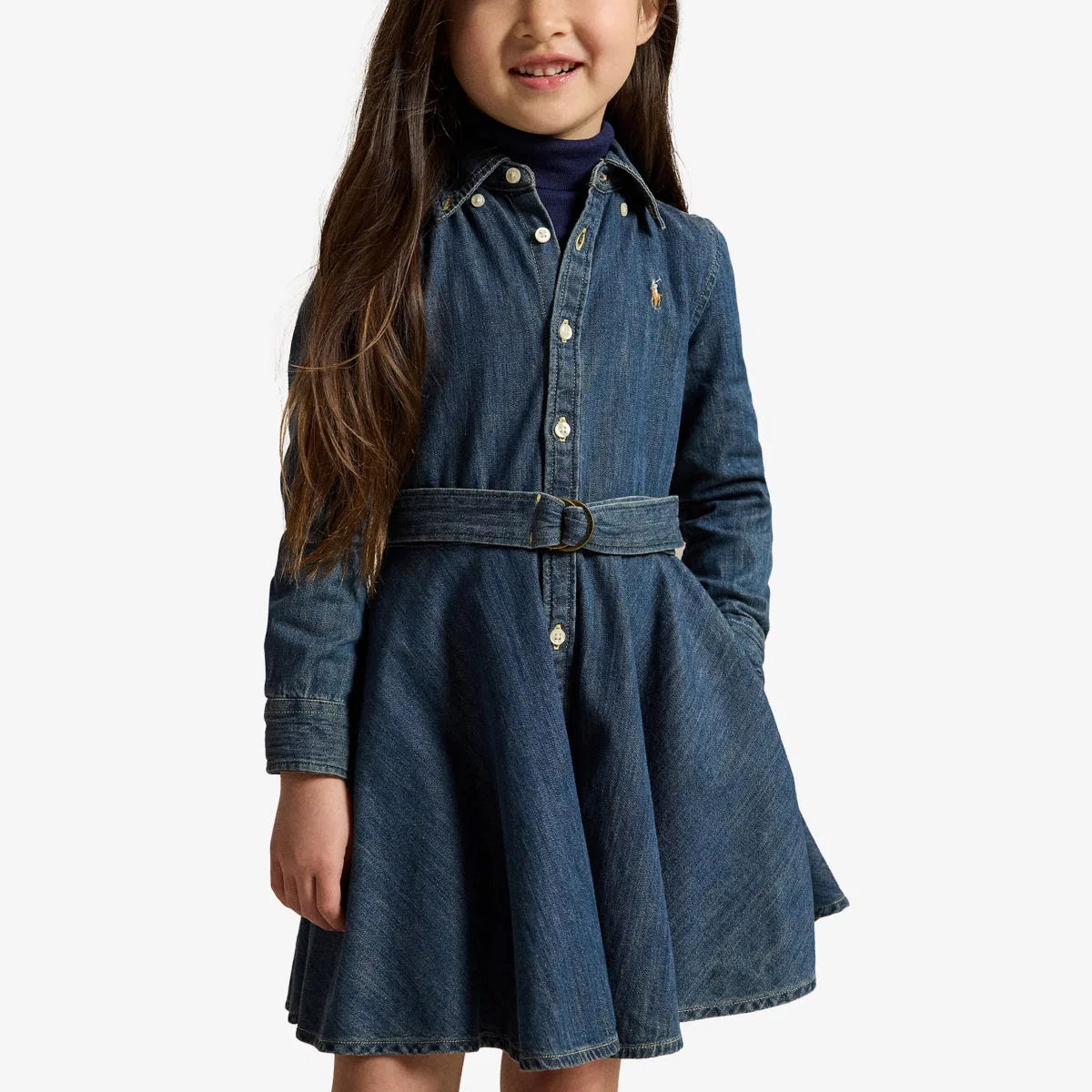 Платье-рубашка из джинсовой ткани с поясом и пони для девочек Polo Ralph Lauren, синий — фото 3