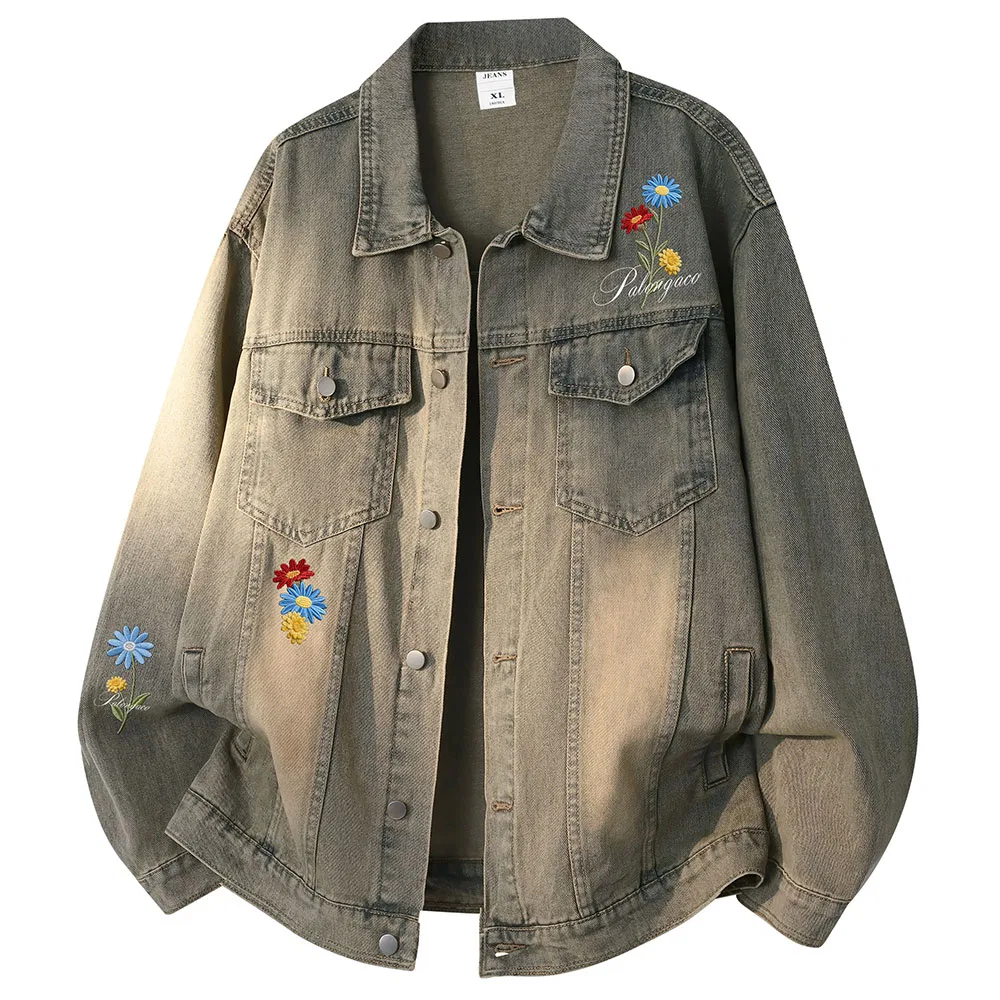 Детское джинсовое пальто с вышивкой Unisex Lapel Moderate Embroidery PAL ONGACO, Washed Yellow