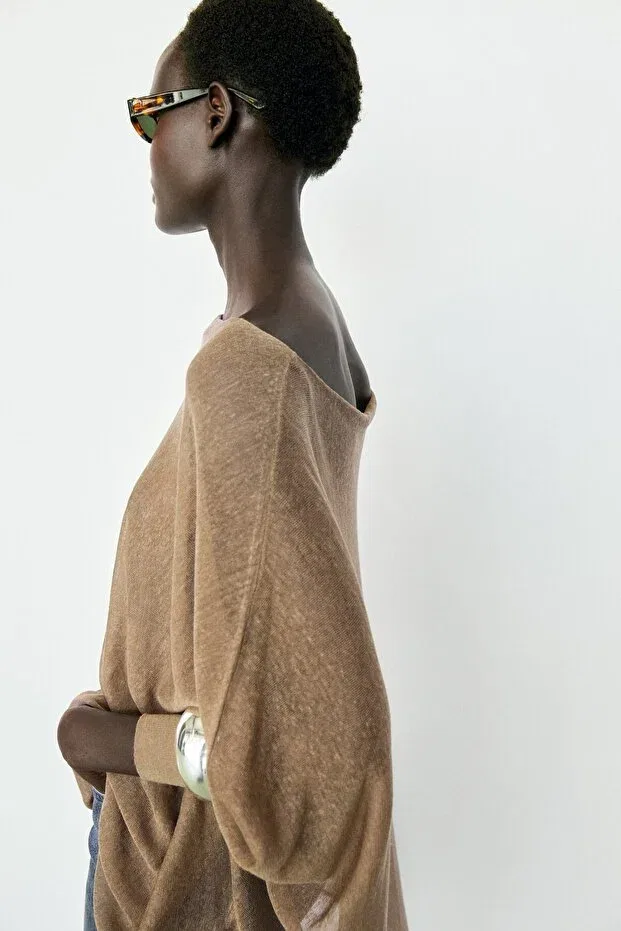 Женское платье с длинным рукавом Linen-Blend Draped Cape-Cut Knitwear Massimo Dutti, Moss Green — фото 3