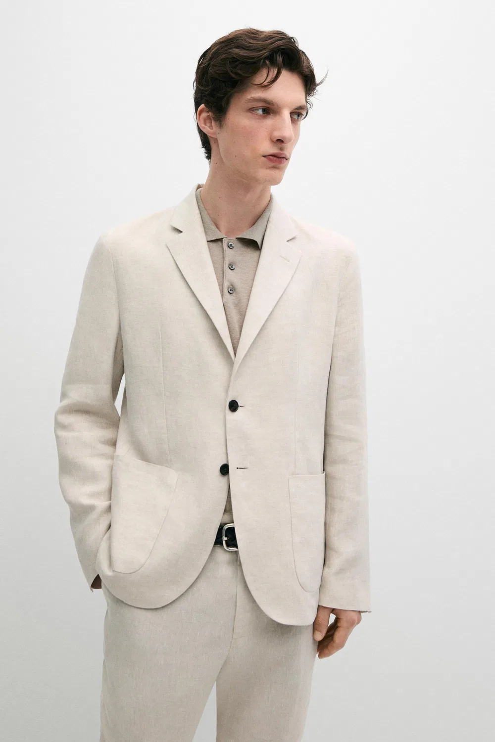 Блейзер из 100% льна с декоративными карманами Massimo Dutti, кремовый — фото 2