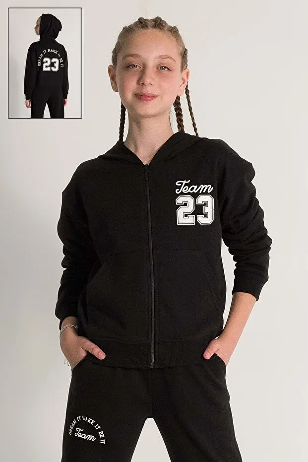 Детский кардиган для девочек с принтом Front Back Printed Hooded Girl's Cardigan With Zipper Closure Generic Brands, Black