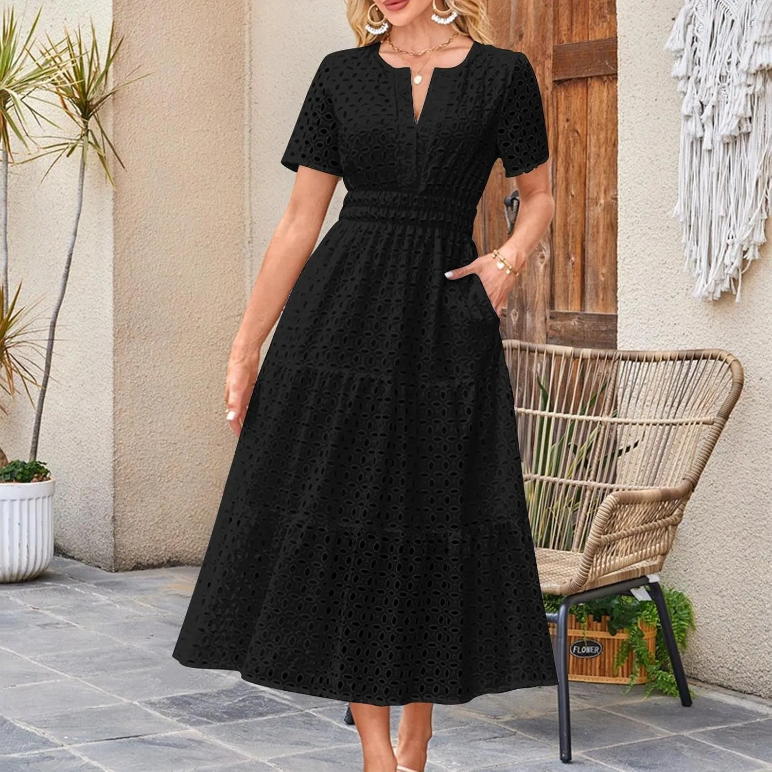 Женское летнее макси-платье с V-образным вырезом flowy wedding guest dresses for women, Black — фото 2