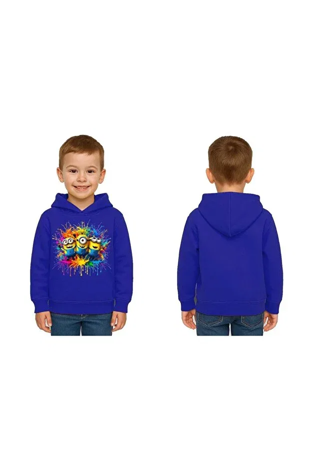 Детские свитшот для девочек с принтом Minions Printed Children's Hooded 3 Thread Raised Sedirli, Sax Blue