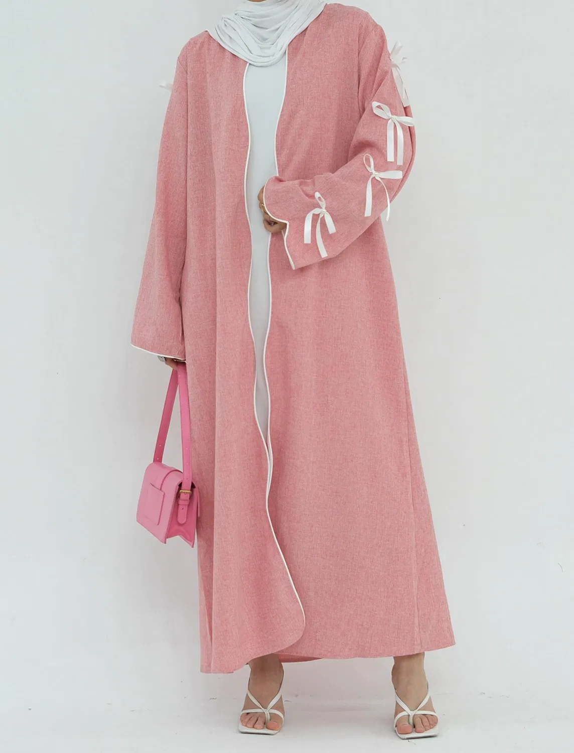 Женское пальто с длинным рукавом Abaya Women's Eid Dresses Long Sleeves Open Front Pearl Bowknot Prayer Dress Ramadan Cardigan Dubai Kaftan, pink — фото 3