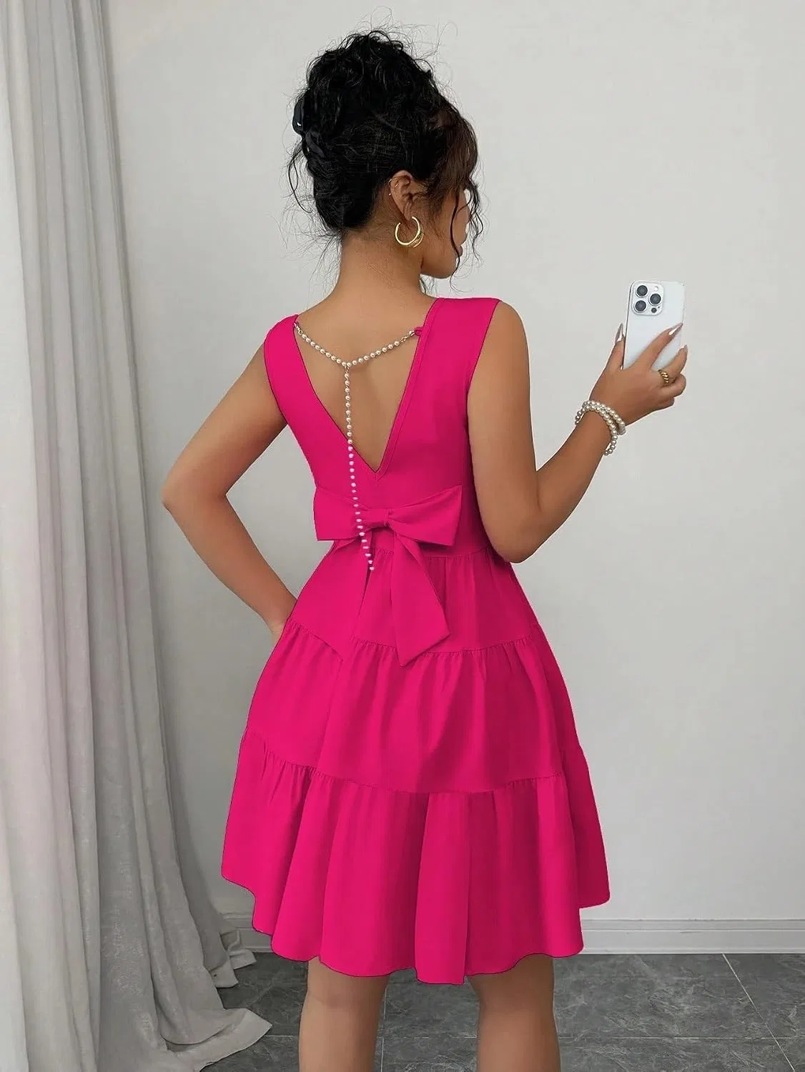 Женское мини-платье с воланами и завязками сзади, Hot Pink — фото 4