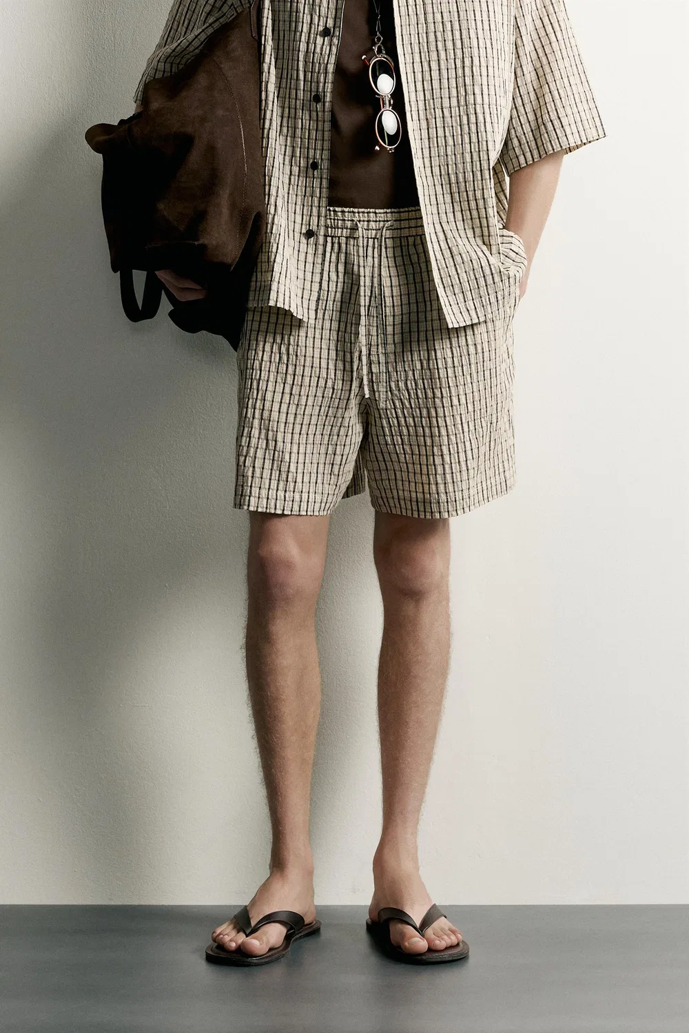 Клетчатые шорты-бермуды свободного кройка ZARA, Light beige — фото 2