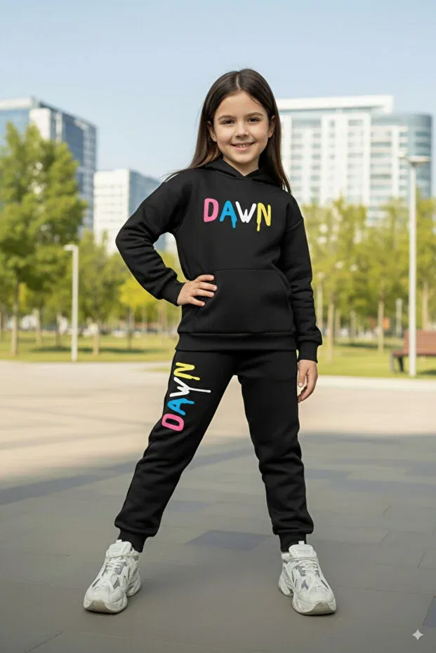 Детский для девочек комплект спортивного костюма с принтом Hooded Dawn Print Detail Kangaroo Pocket Girls Tracksuit Set Fyk Kids, Black — фото 3