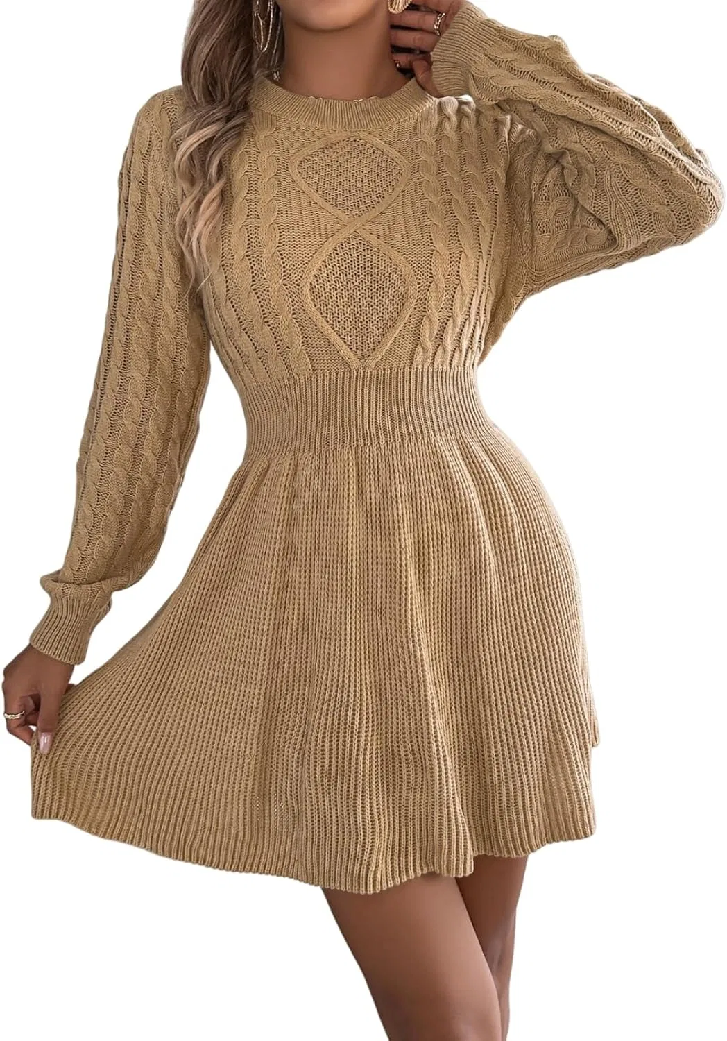 Женское короткое вязаное платье с завышенной талией, Khaki