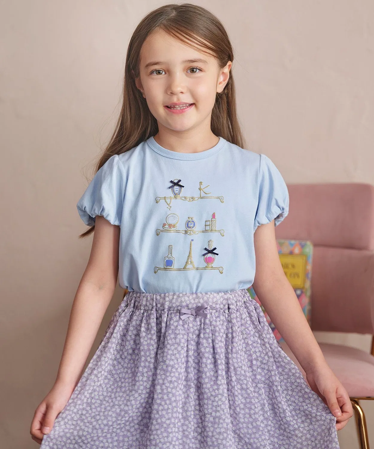 Детская футболка с объемным принтом косметики, с коротким рукавом Kumikyoku KIDS, Sax Blue