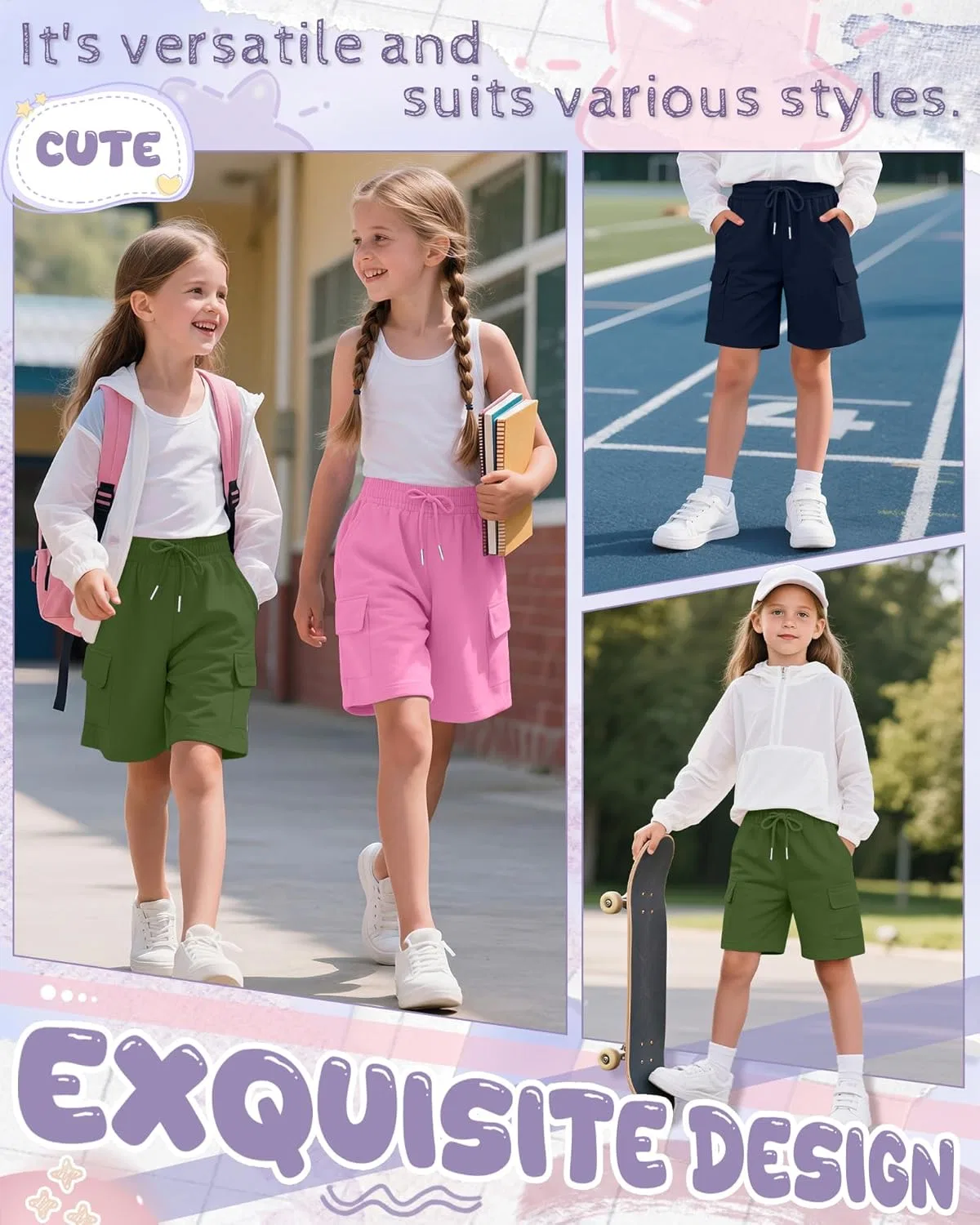 Шорты бермуды для девочек 3 шт, LessonZoo, Navy Blue, Rose Pink, Army Green — фото 4