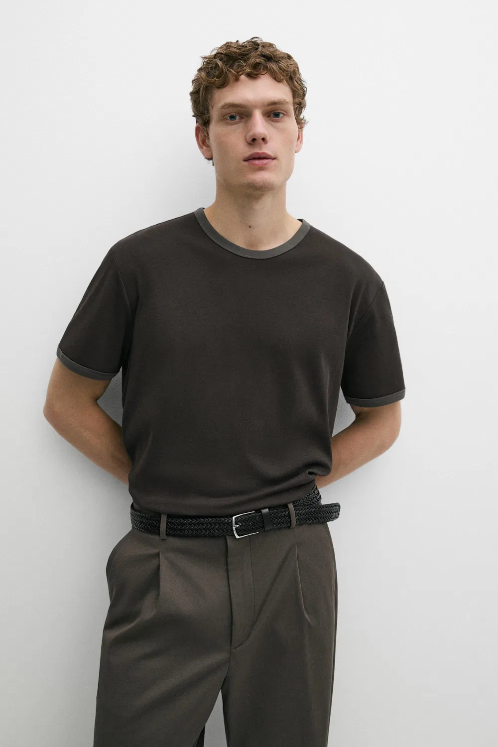 Футболка Massimo Dutti, с контрастным вырезом, Lead — фото 2