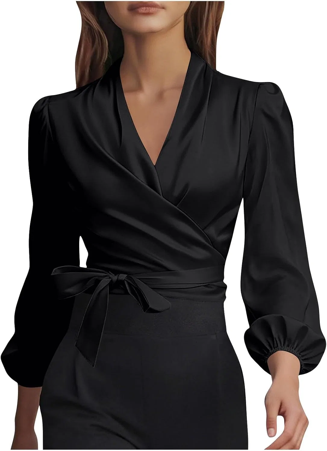 Женская блуза из атласа с запахом, модель Criss Cross Neck, чёрный — фото 3