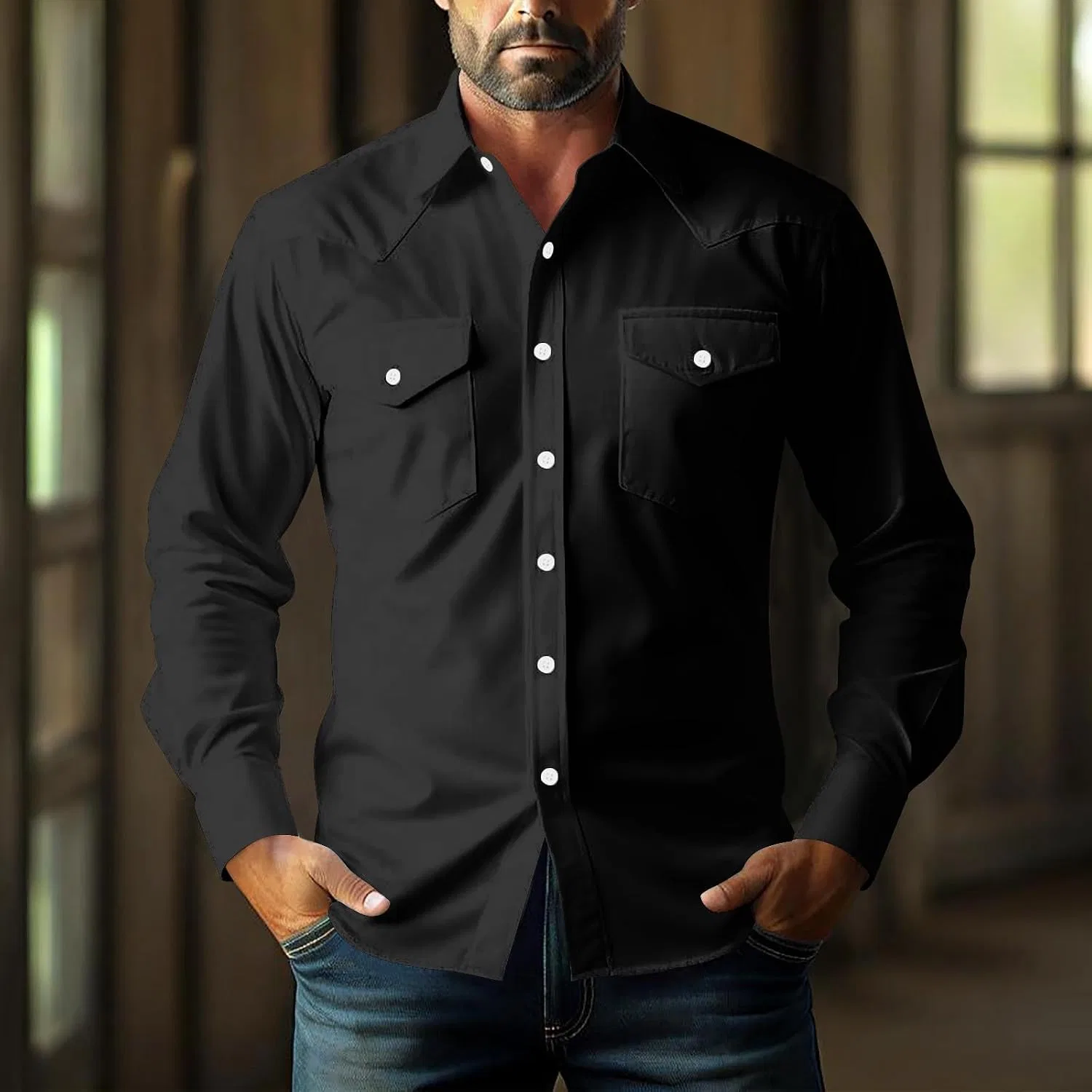Мужская классическая рубашка с длинным рукавом, Western Cowboy Shirts, чёрный — фото 3