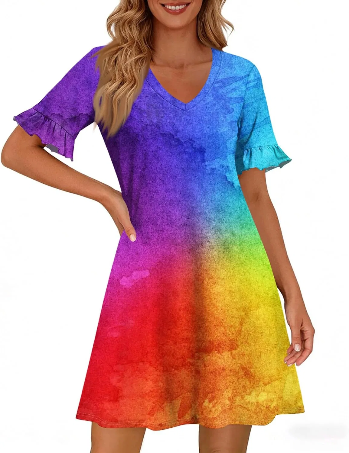Женское летнее платье А-силуэта с воланами V-Neck, Short Sleeve, Floral, 2-multicolor — фото 4