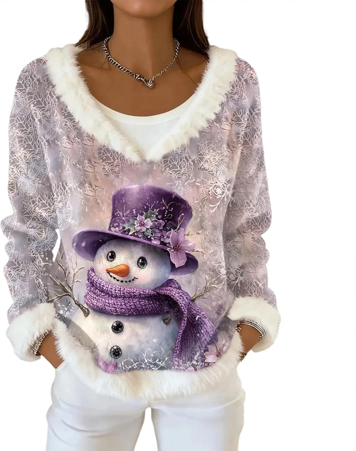 Женский свитшот с длинным рукавом Faux Fur Trim, фиолетовый