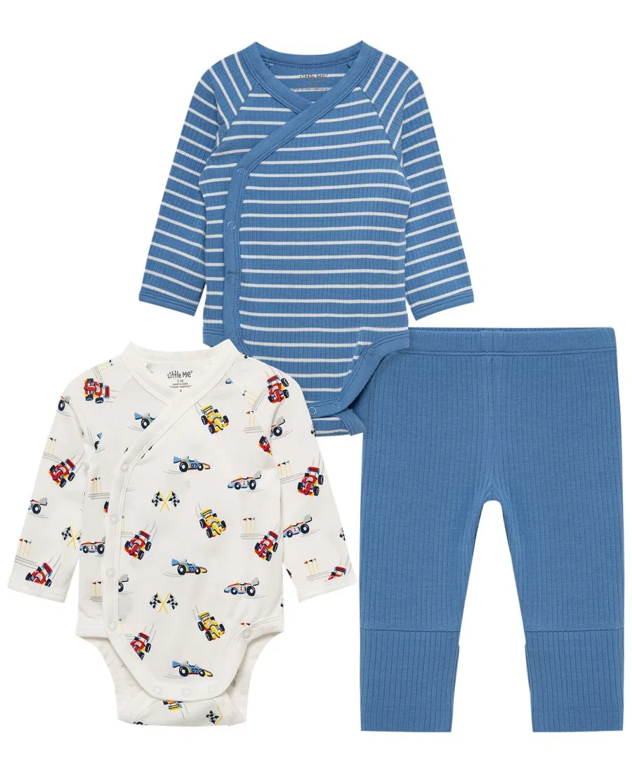 Комплект из 2 боди с длинным рукавом и штанов Grand Prix Cars Little Me, White/Blue