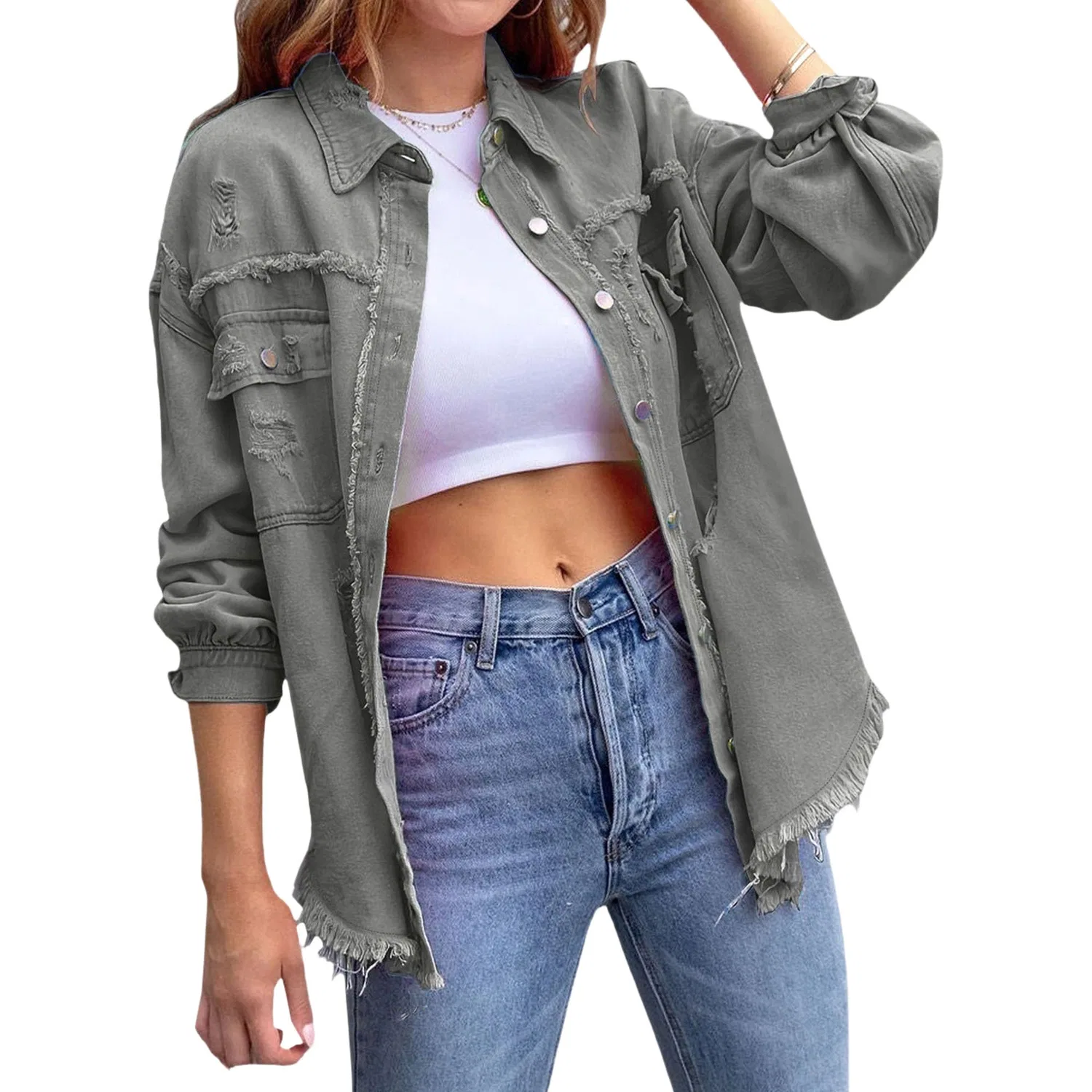 Женское джинсовое пальто oversize с длинным рукавом, Grigio chiaro