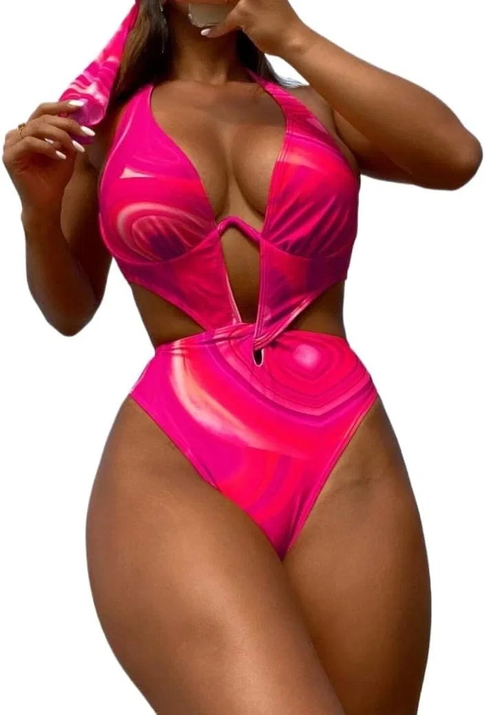 Женский монокини с вырезами и узлом Halter High Stretch, Hot Pink