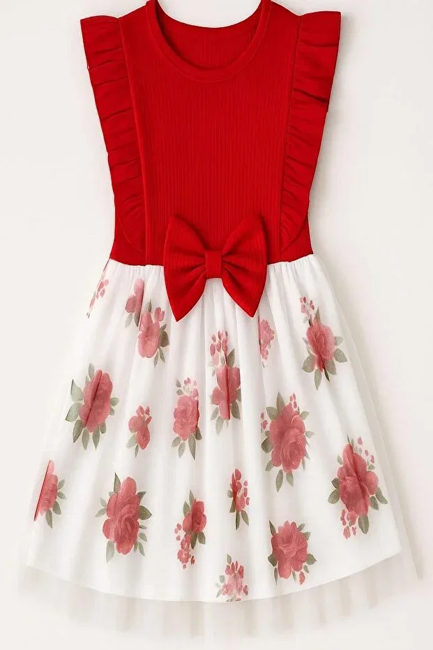 Детское платье для девочек с принтом Floral patterned baby girl dress with bow sleeveless tutu skirt - princess birthday Dinamik Çocuk, Red — фото 4