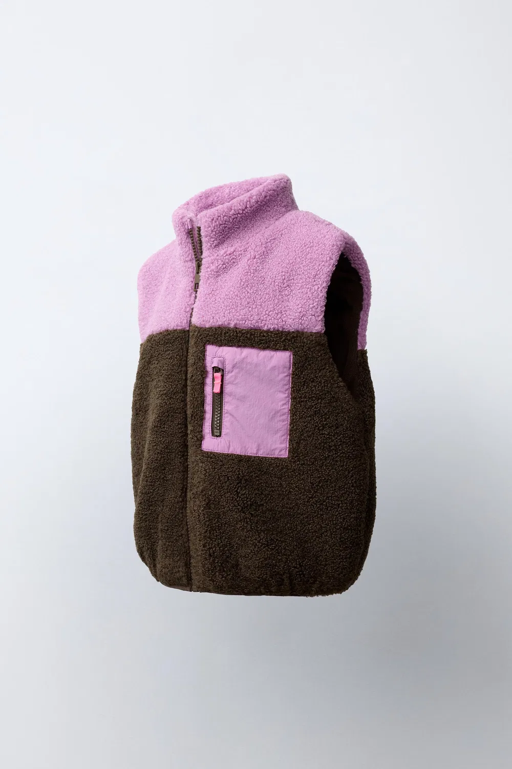 Жилет из искусственной овчины с цветовыми блоками ZARA, Brown — фото 2