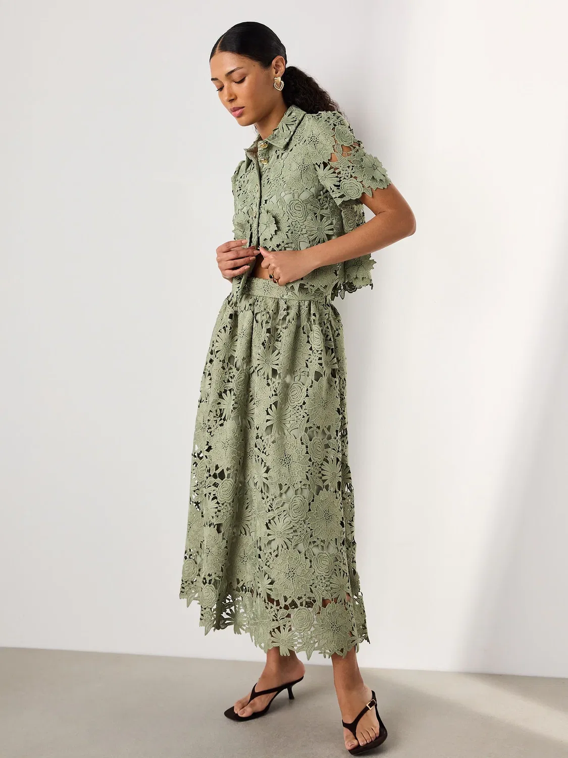 Юбка миди с кружевным цветочным узором Sage Green N Next, зеленый