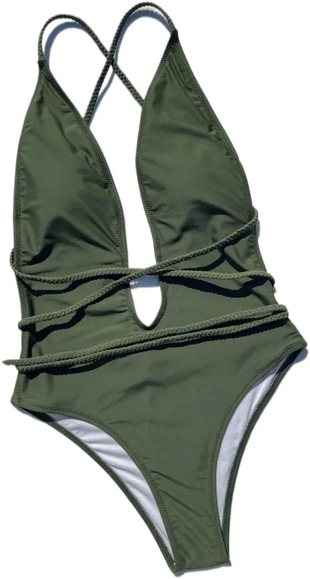 Женский слитный купальник монокини с перекрестными бретелями High Stretch, Army Green