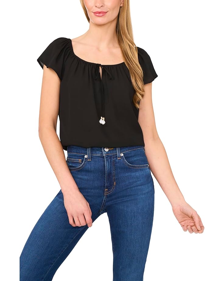 

Топ CeCe Center Front Tie Round Neckline Flutter Sleeve Top, цвет Rich Black