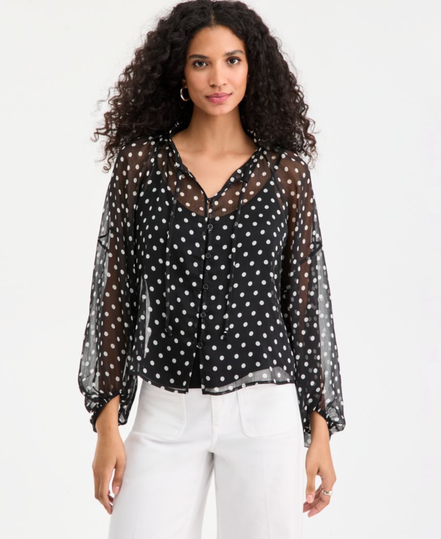 

Женская блузка с рукавами-фонариками, разрезом на воротнике и застежкой на пуговицы спереди, эксклюзивно для Macy's On 34th, Deep Black Combo