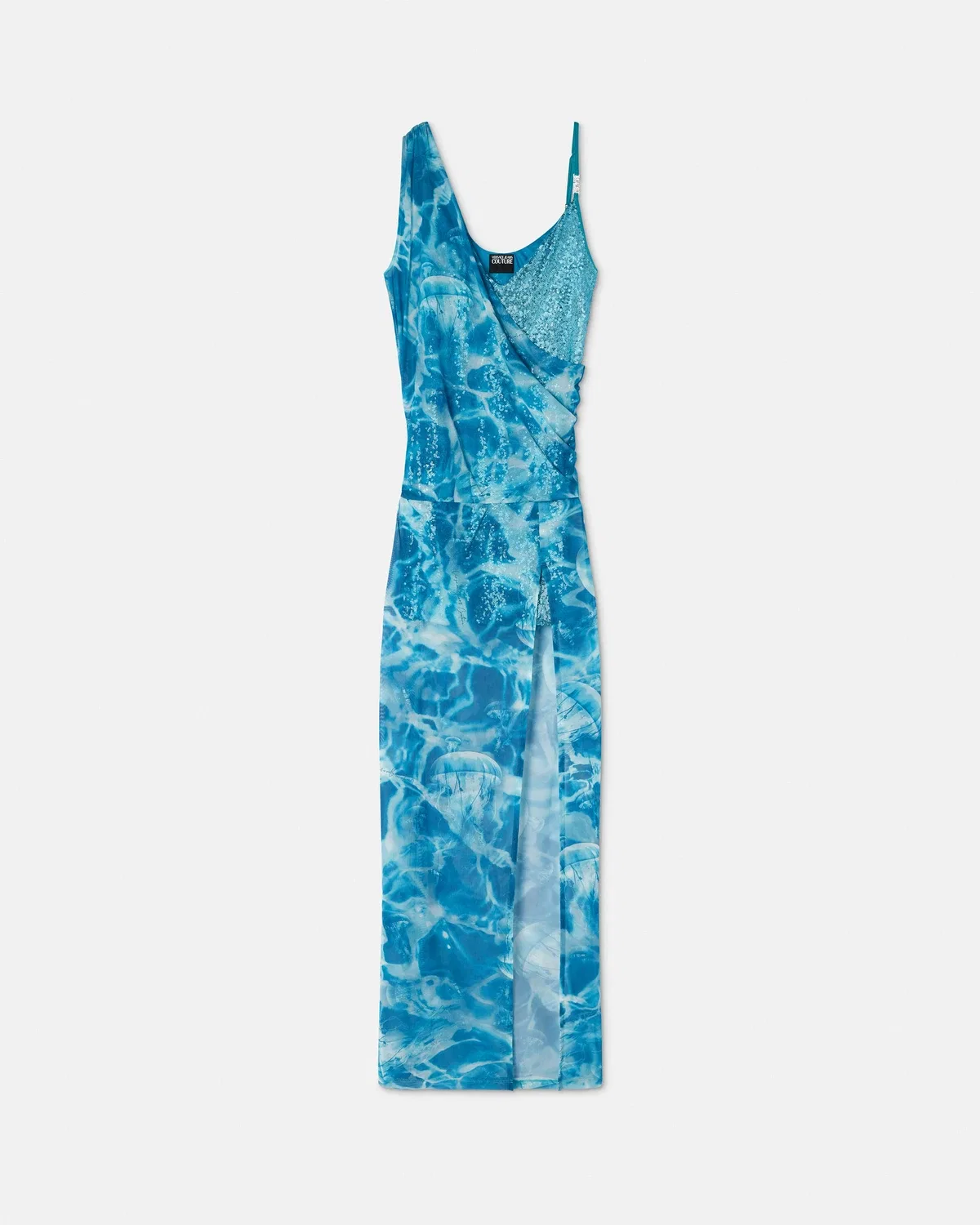 Длинное драпированное платье с принтом и украшениями VERSACE, голубой