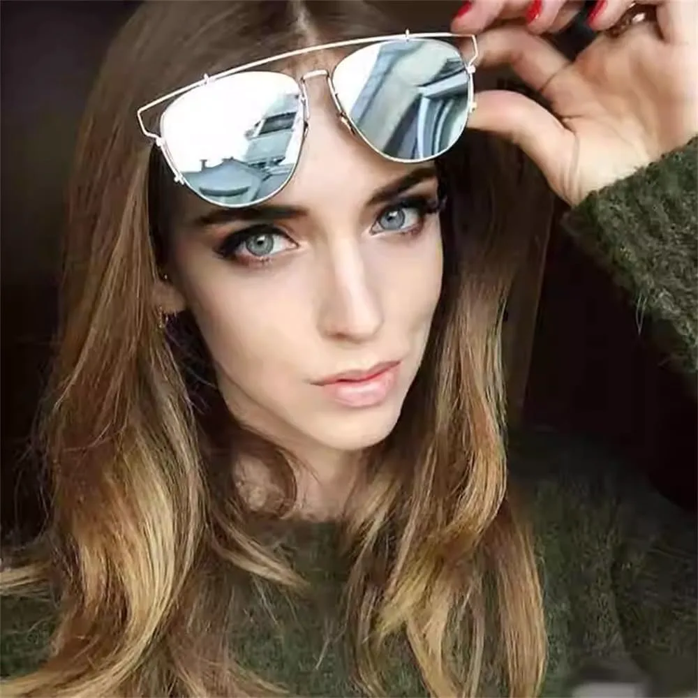 

Женские солнцезащитные очки-пилот из металла с двойной перемычкой, мужские модные винтажные очки «кошачий глаз» с защитой от УФ-излучения UV400 UJNHGQ, C8