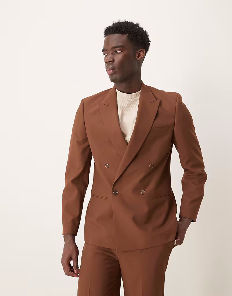 

Двубортный приталенный пиджак ASOS DESIGN коричневого цвета