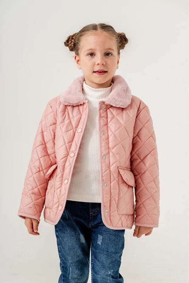Детское пальто для девочек стеганое Quilted collar plush girl coat / jacket Gocoland, Pink — фото 4