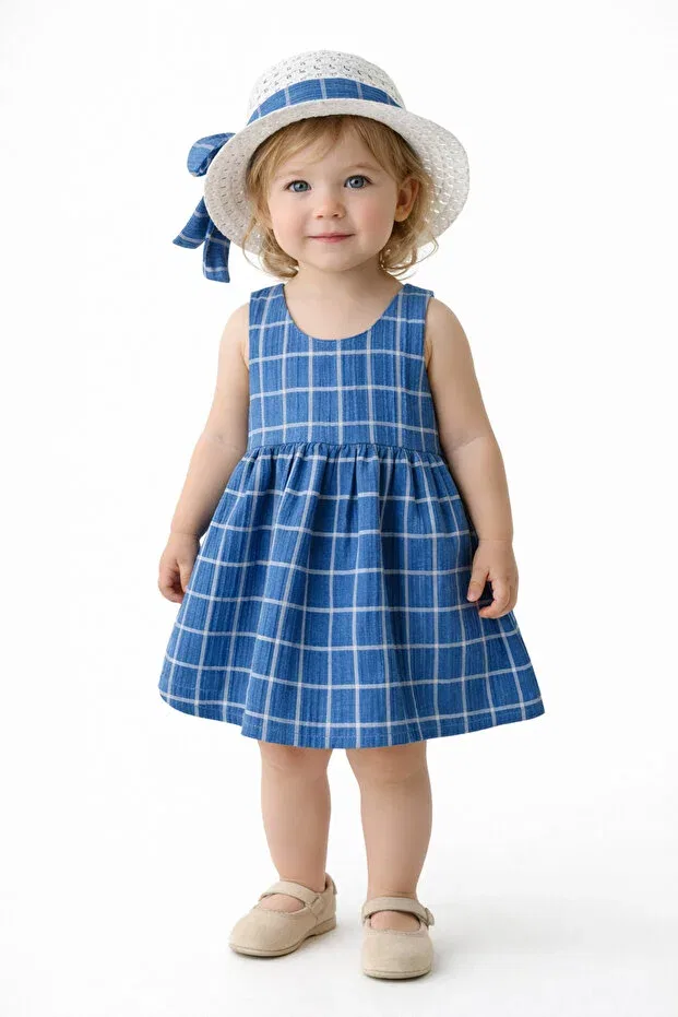 Детское платье для девочек с принтом Sweet Baby Girl Plaid Style Dress with Hat and Bow Detail Chicsy Baby, Navy Blue