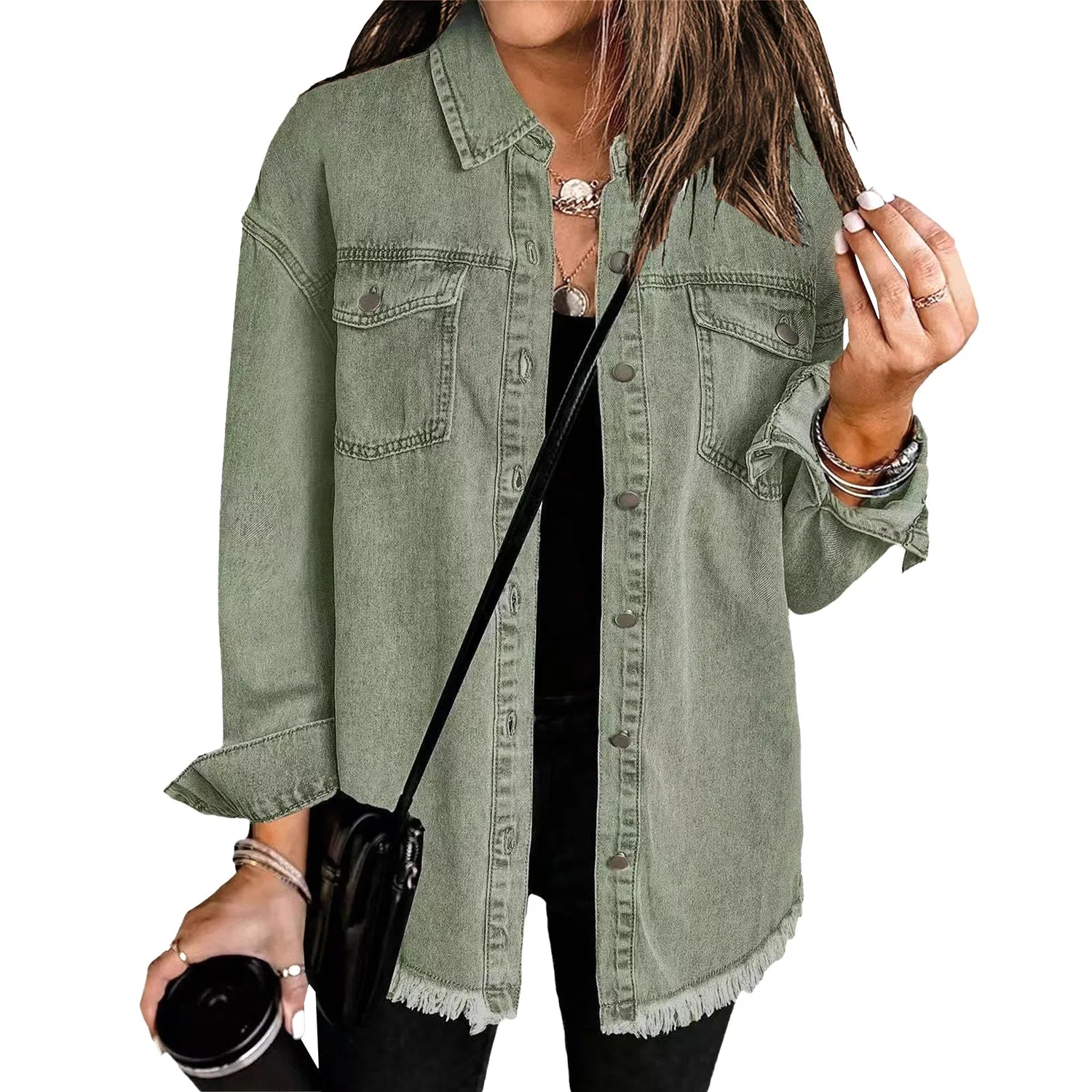 Женская джинсовая куртка oversize с длинным рукавом, 2025 Y2K Trendy, Verde chiaro